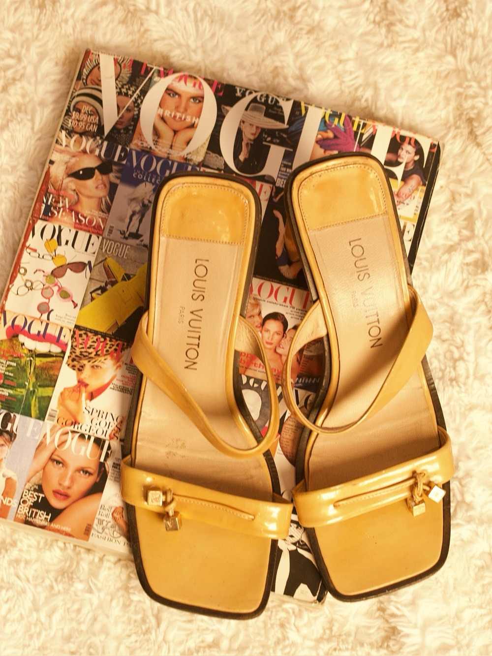 Louis Vuitton Yellow Patent Leather Square-Toe Heeled Sandals
